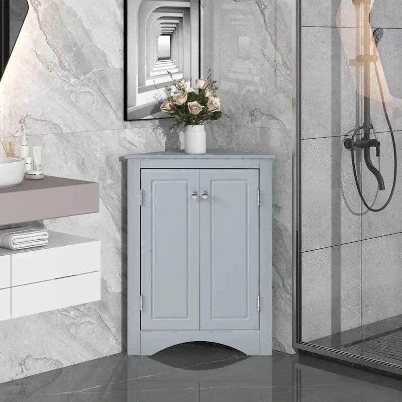 Meuble de Rangement d'Angle Deux Portes Trois Étagères Réglables Base Cintrée MDF Finition Grain de Bois Résistante à l'Humidité
