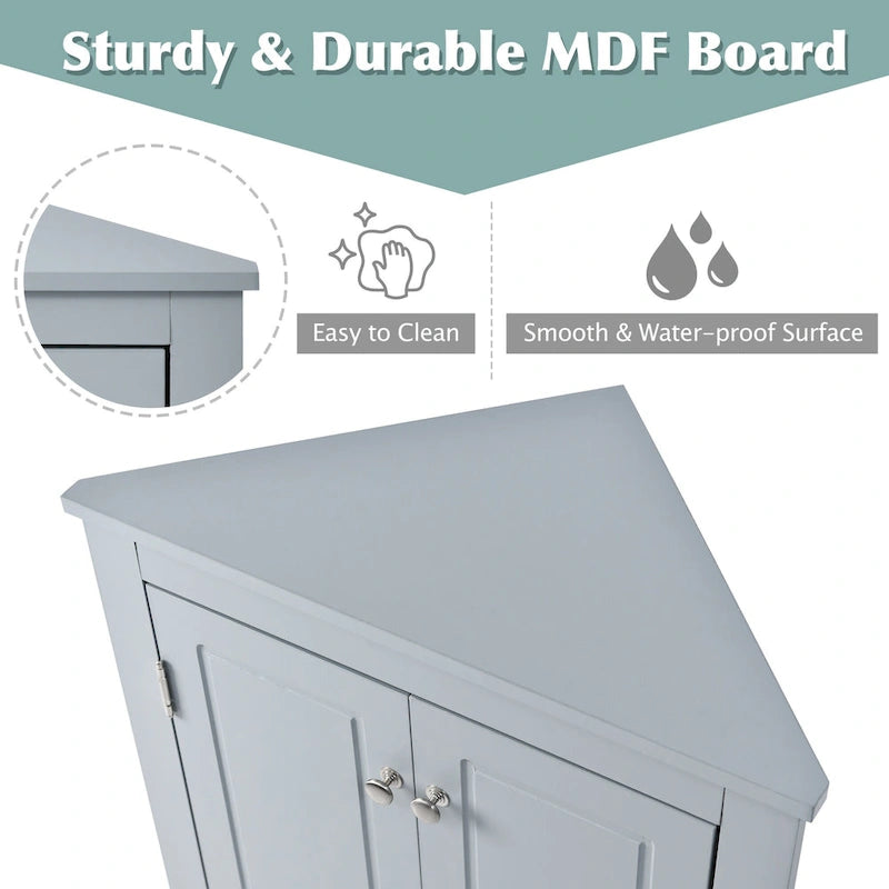 Meuble de Rangement d'Angle Deux Portes Trois Étagères Réglables Base Cintrée MDF Finition Grain de Bois Résistante à l'Humidité