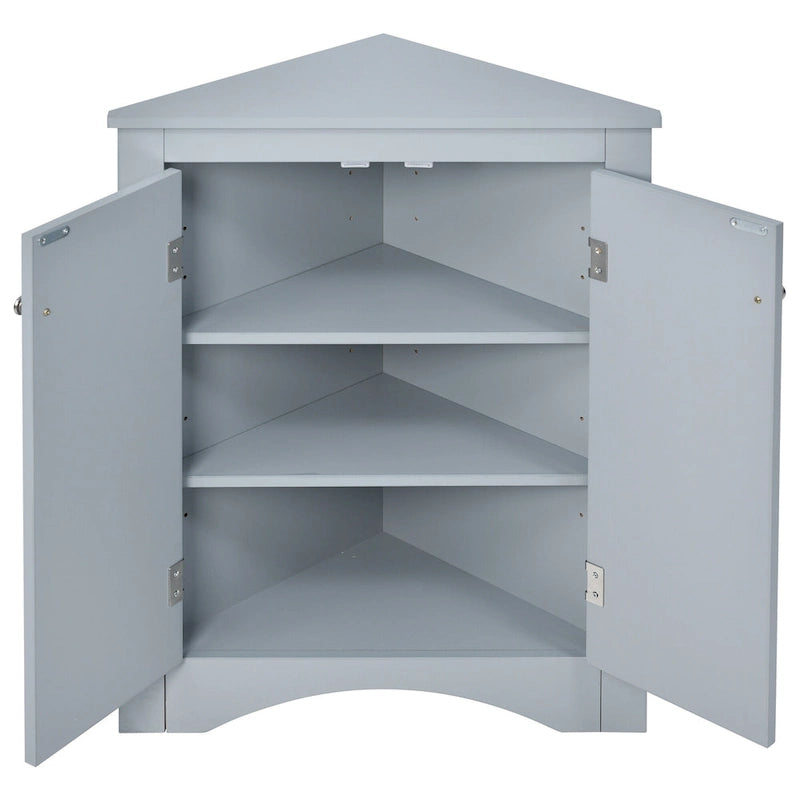 Meuble de Rangement d'Angle Deux Portes Trois Étagères Réglables Base Cintrée MDF Finition Grain de Bois Résistante à l'Humidité