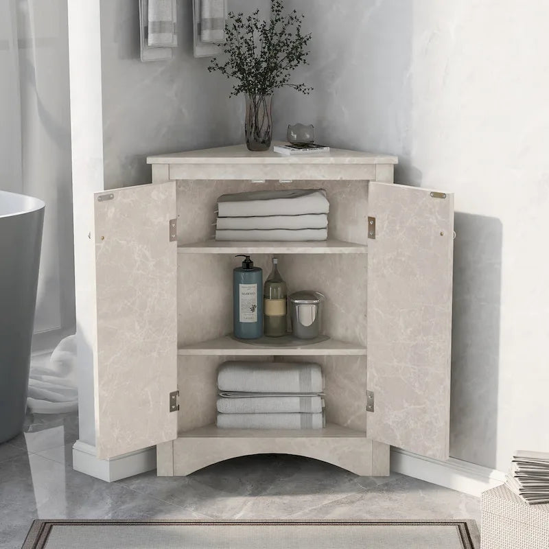 Meuble de Rangement d'Angle Deux Portes Trois Étagères Réglables Base Cintrée MDF Finition Grain de Bois Résistante à l'Humidité