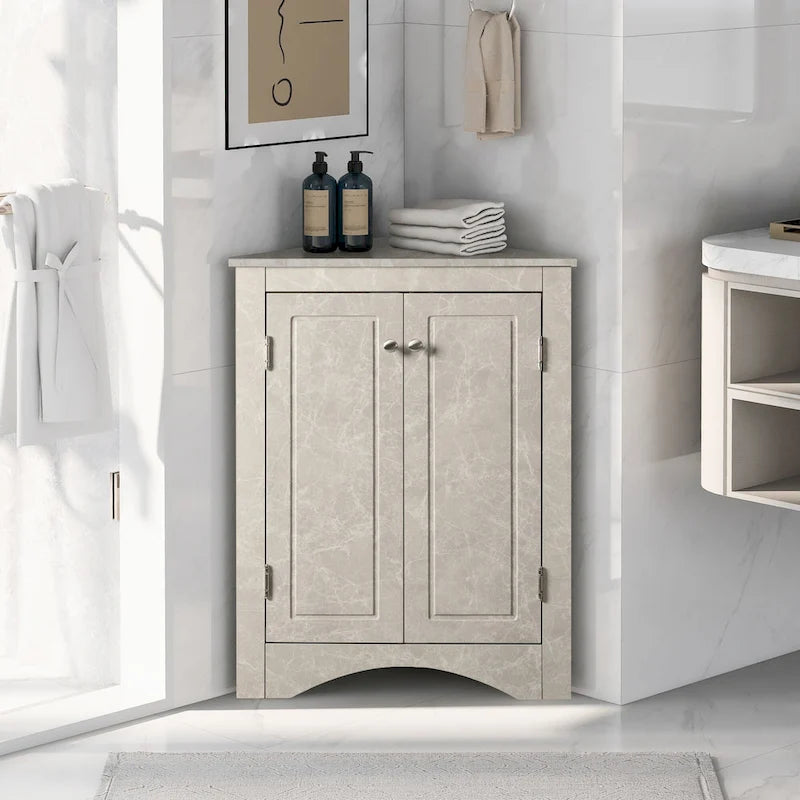 Meuble de Rangement d'Angle Deux Portes Trois Étagères Réglables Base Cintrée MDF Finition Grain de Bois Résistante à l'Humidité