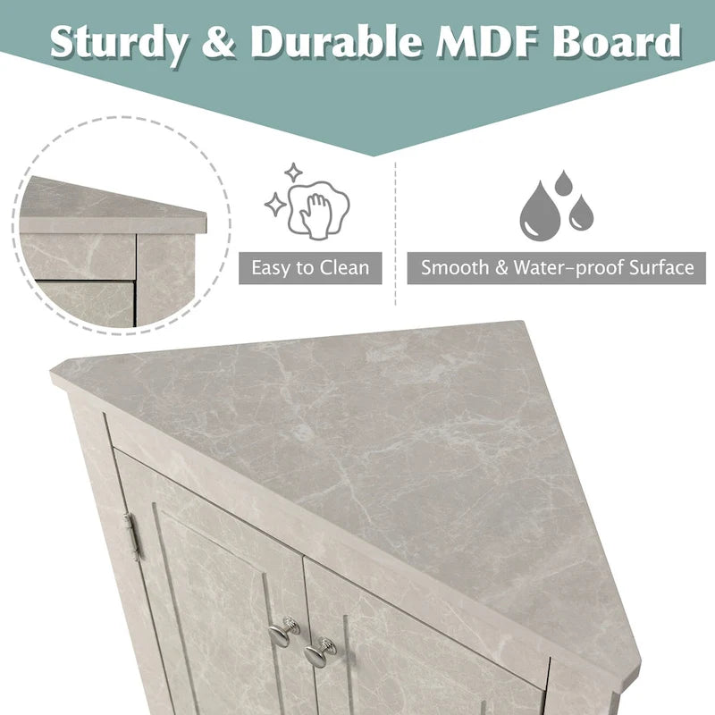 Meuble de Rangement d'Angle Deux Portes Trois Étagères Réglables Base Cintrée MDF Finition Grain de Bois Résistante à l'Humidité