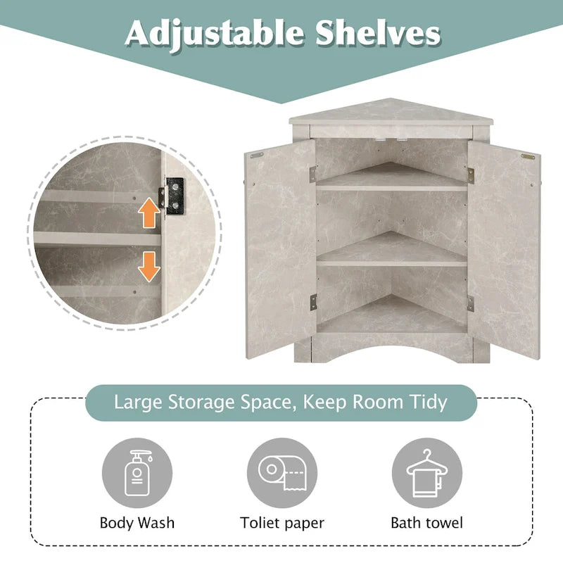 Meuble de Rangement d'Angle Deux Portes Trois Étagères Réglables Base Cintrée MDF Finition Grain de Bois Résistante à l'Humidité