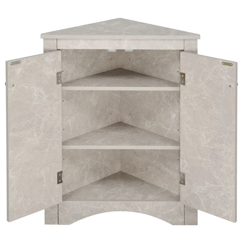 Meuble de Rangement d'Angle Deux Portes Trois Étagères Réglables Base Cintrée MDF Finition Grain de Bois Résistante à l'Humidité