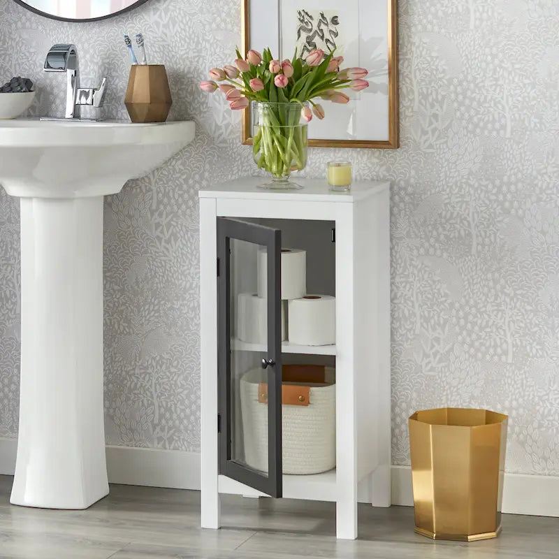 Meuble bas de salle de bain à porte vitrée simple, cadre noir, étagère réglable, pieds en pin massif, finition MDF blanc