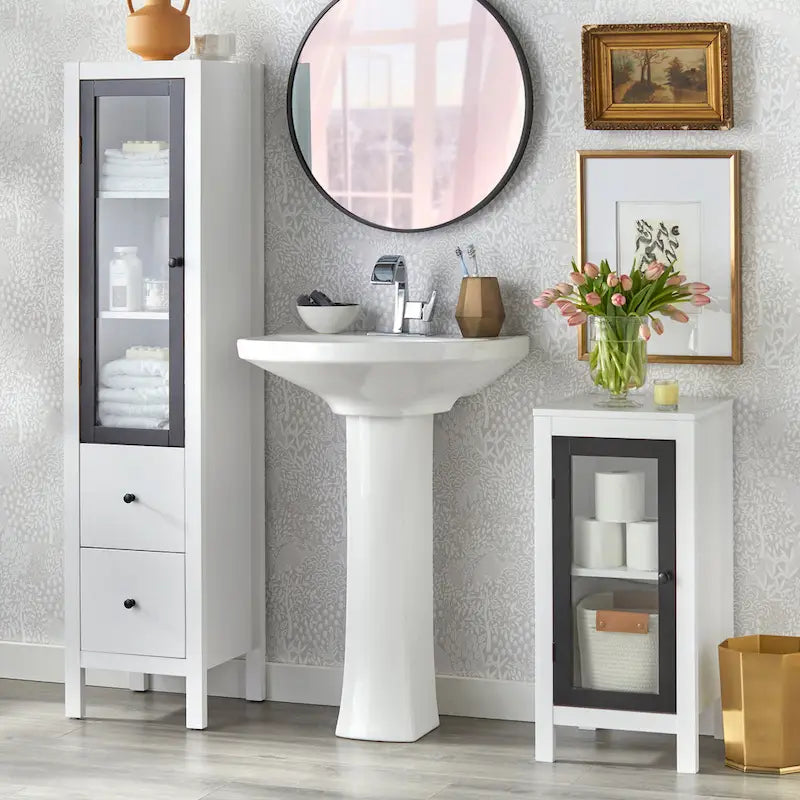 Meuble bas de salle de bain à porte vitrée simple, cadre noir, étagère réglable, pieds en pin massif, finition MDF blanc