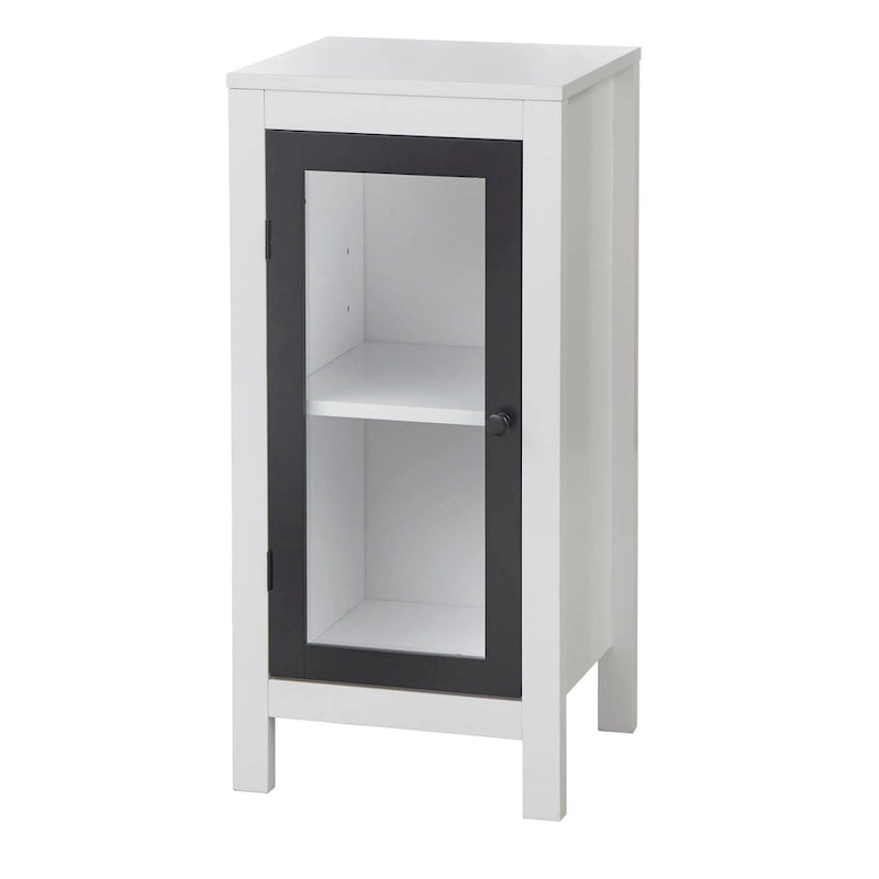 Meuble bas de salle de bain à porte vitrée simple, cadre noir, étagère réglable, pieds en pin massif, finition MDF blanc