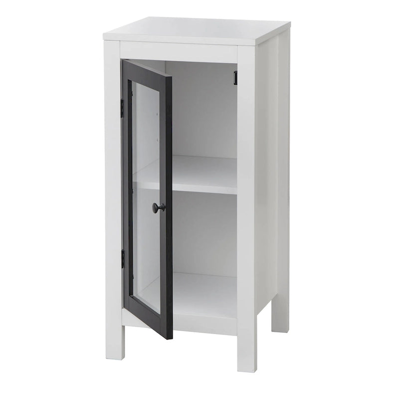 Meuble bas de salle de bain à porte vitrée simple, cadre noir, étagère réglable, pieds en pin massif, finition MDF blanc