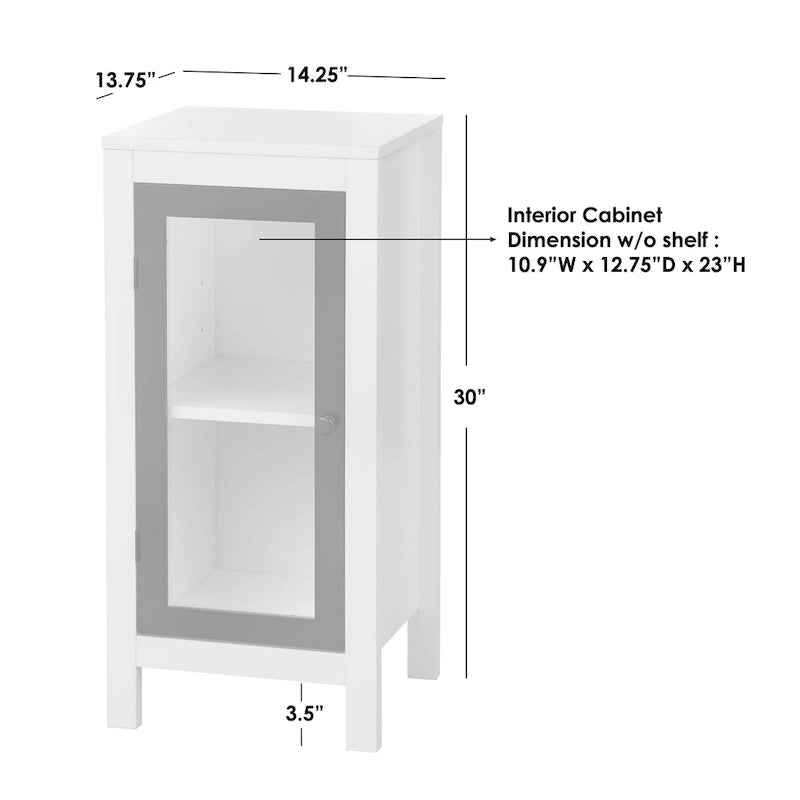 Meuble bas de salle de bain à porte vitrée simple, cadre noir, étagère réglable, pieds en pin massif, finition MDF blanc