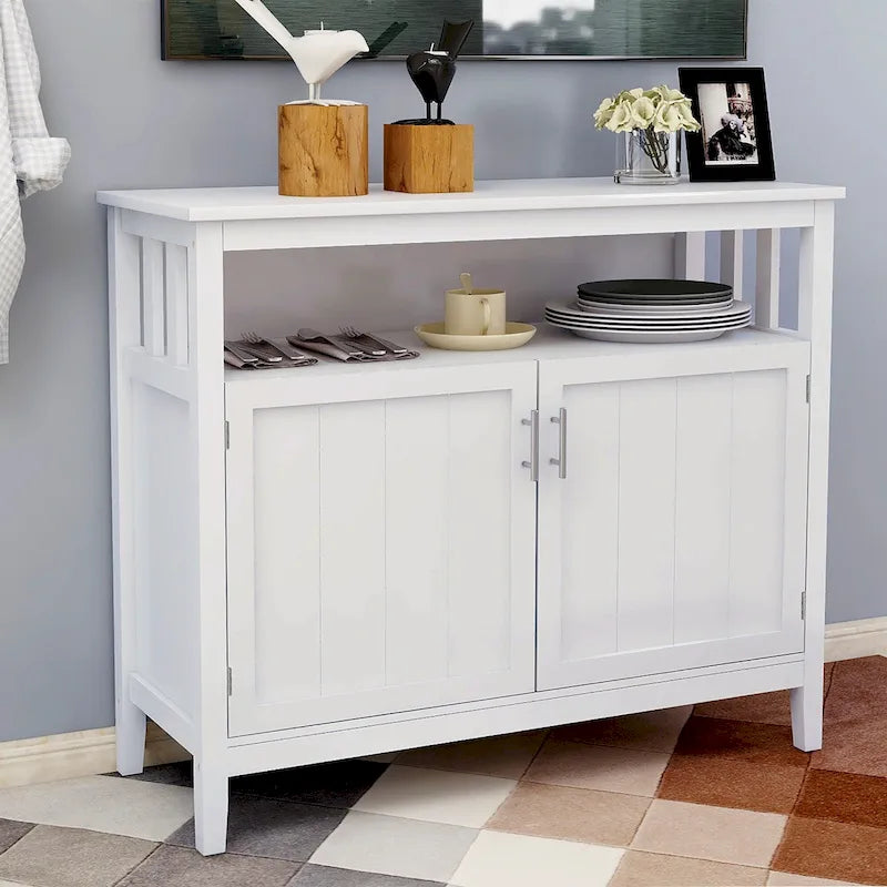 Vaisselier Buffet Ouvert Étagère Supérieure Deux Portes à Panneaux Perles Poignées Barres Argentées Cadre Style Mission MDF E1 Finition UV
