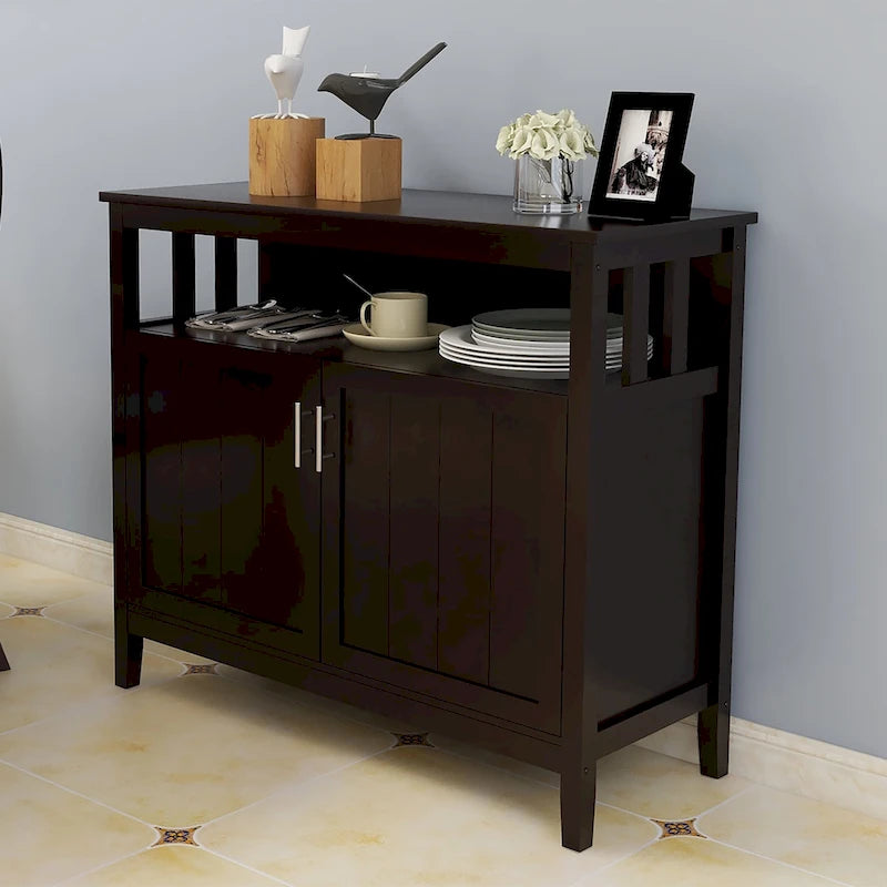 Vaisselier Buffet Ouvert Étagère Supérieure Deux Portes à Panneaux Perles Poignées Barres Argentées Cadre Style Mission MDF E1 Finition UV