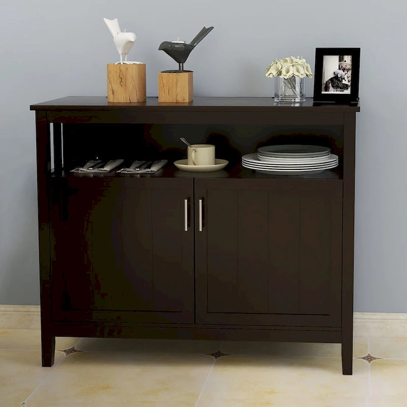 Vaisselier Buffet Ouvert Étagère Supérieure Deux Portes à Panneaux Perles Poignées Barres Argentées Cadre Style Mission MDF E1 Finition UV