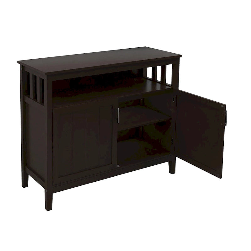 Vaisselier Buffet Ouvert Étagère Supérieure Deux Portes à Panneaux Perles Poignées Barres Argentées Cadre Style Mission MDF E1 Finition UV