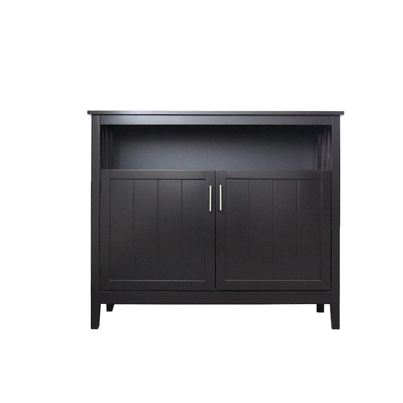 Vaisselier Buffet Ouvert Étagère Supérieure Deux Portes à Panneaux Perles Poignées Barres Argentées Cadre Style Mission MDF E1 Finition UV