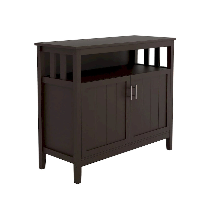 Vaisselier Buffet Ouvert Étagère Supérieure Deux Portes à Panneaux Perles Poignées Barres Argentées Cadre Style Mission MDF E1 Finition UV