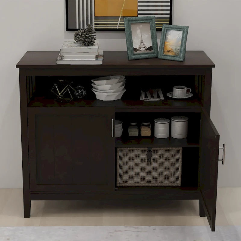 Vaisselier Buffet Ouvert Étagère Supérieure Deux Portes à Panneaux Perles Poignées Barres Argentées Cadre Style Mission MDF E1 Finition UV