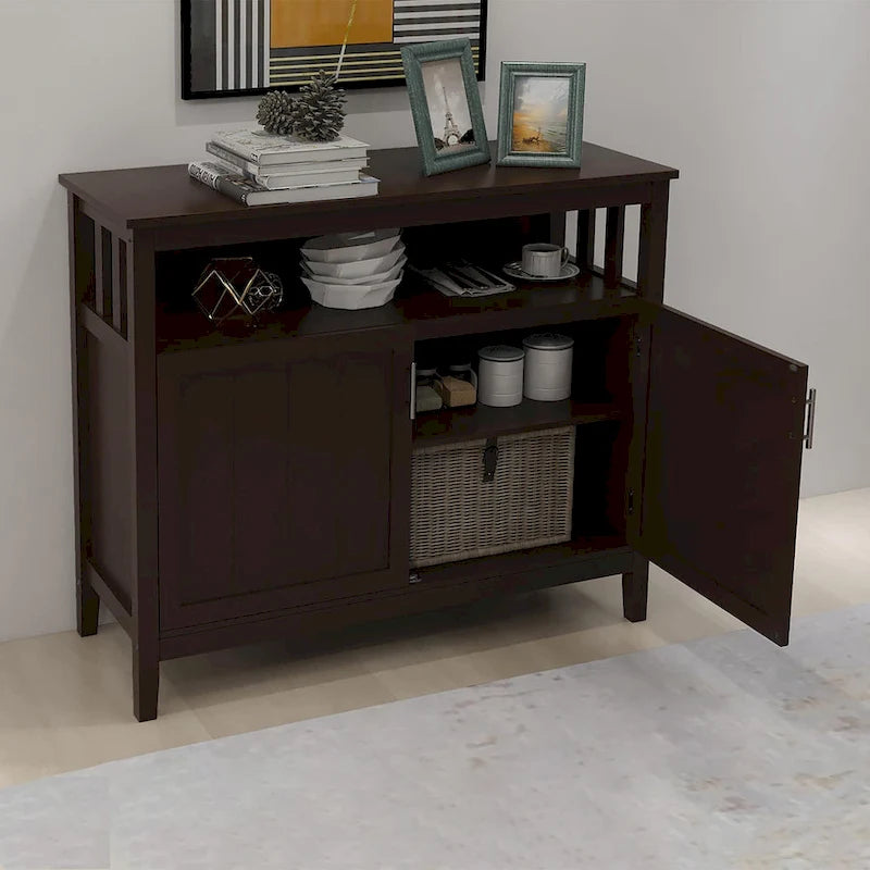 Vaisselier Buffet Ouvert Étagère Supérieure Deux Portes à Panneaux Perles Poignées Barres Argentées Cadre Style Mission MDF E1 Finition UV