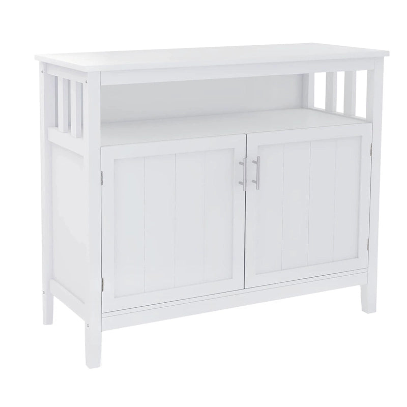 Vaisselier Buffet Ouvert Étagère Supérieure Deux Portes à Panneaux Perles Poignées Barres Argentées Cadre Style Mission MDF E1 Finition UV