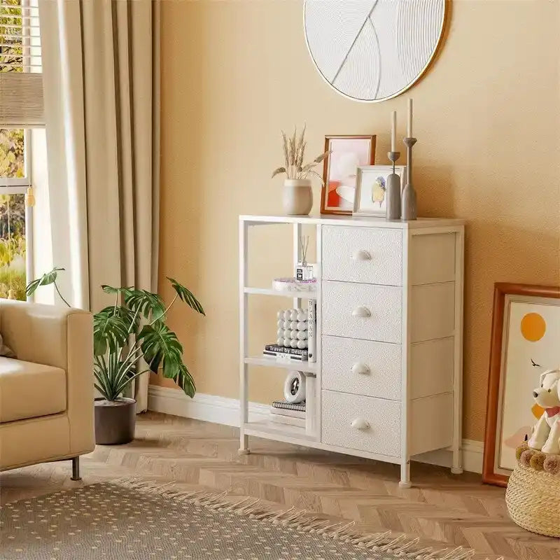 Commode à 4 tiroirs avec étagère latérale à 3 niveaux, cadre métallique, tiroirs en tissu, grain de bois vintage