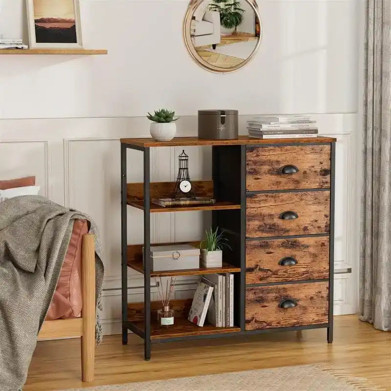 Commode à 4 tiroirs avec étagère latérale à 3 niveaux, cadre métallique, tiroirs en tissu, grain de bois vintage