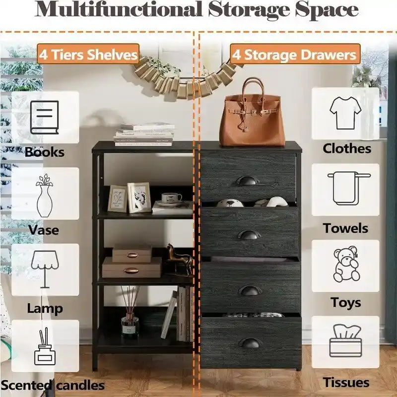 Commode à 4 tiroirs avec étagère latérale à 3 niveaux, cadre métallique, tiroirs en tissu, grain de bois vintage