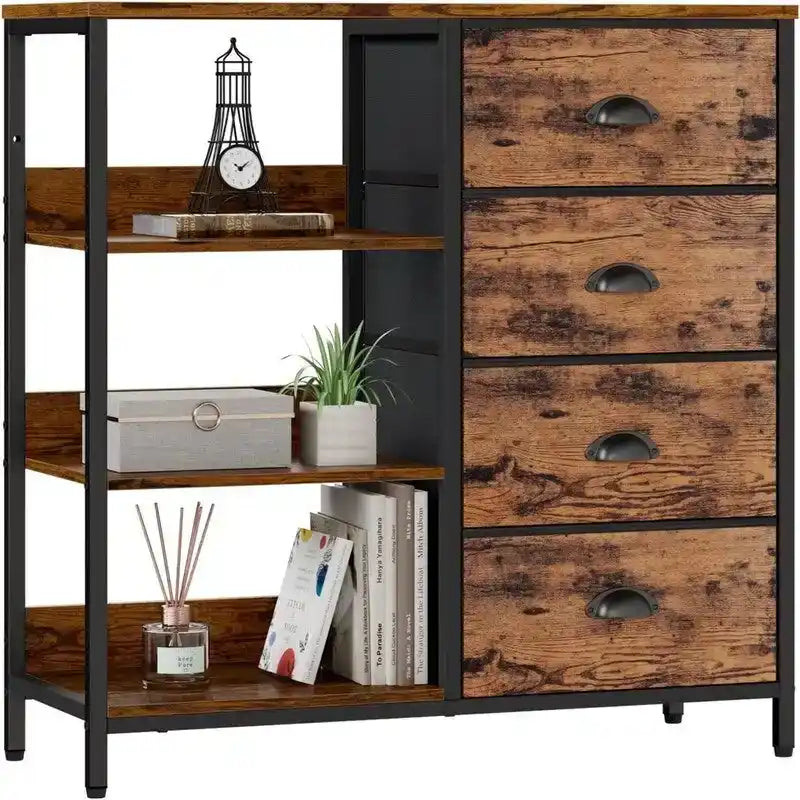 Commode à 4 tiroirs avec étagère latérale à 3 niveaux, cadre métallique, tiroirs en tissu, grain de bois vintage