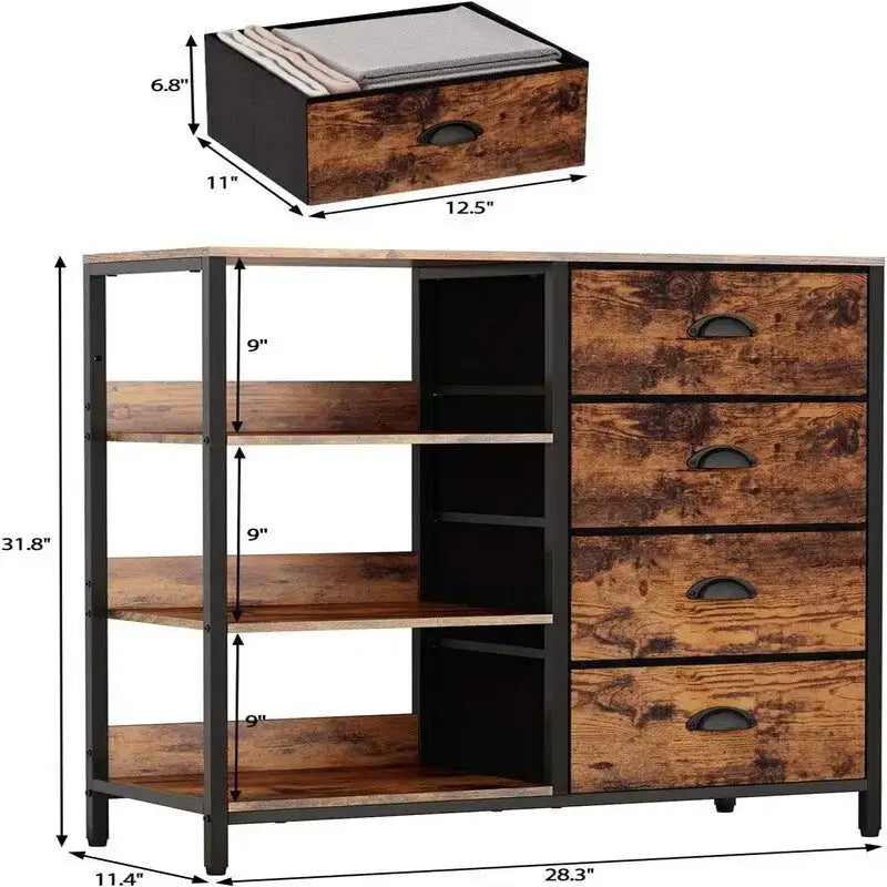 Commode à 4 tiroirs avec étagère latérale à 3 niveaux, cadre métallique, tiroirs en tissu, grain de bois vintage