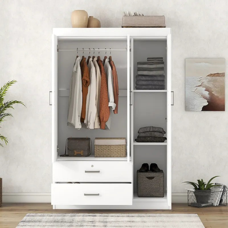 Armoire 3 portes en MDF avec tringle, deux tiroirs, étagères, poignées argent satiné