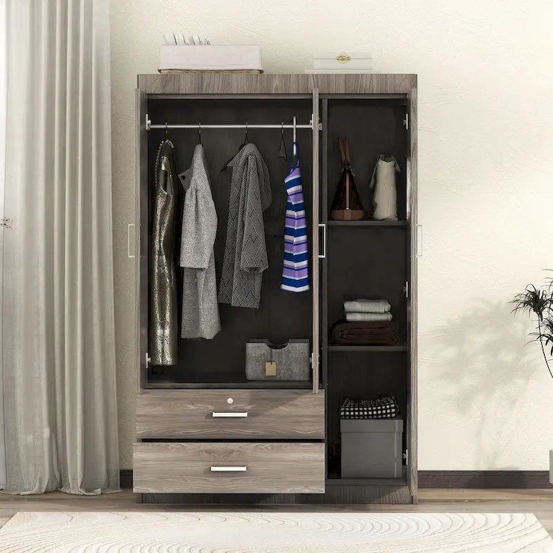 Armoire 3 portes en MDF avec tringle, deux tiroirs, étagères, poignées argent satiné
