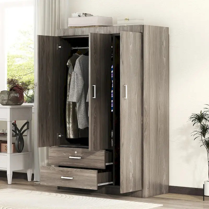 Armoire 3 portes en MDF avec tringle, deux tiroirs, étagères, poignées argent satiné