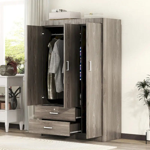 Armoire 3 portes en MDF avec tringle, deux tiroirs, étagères, poignées argent satiné
