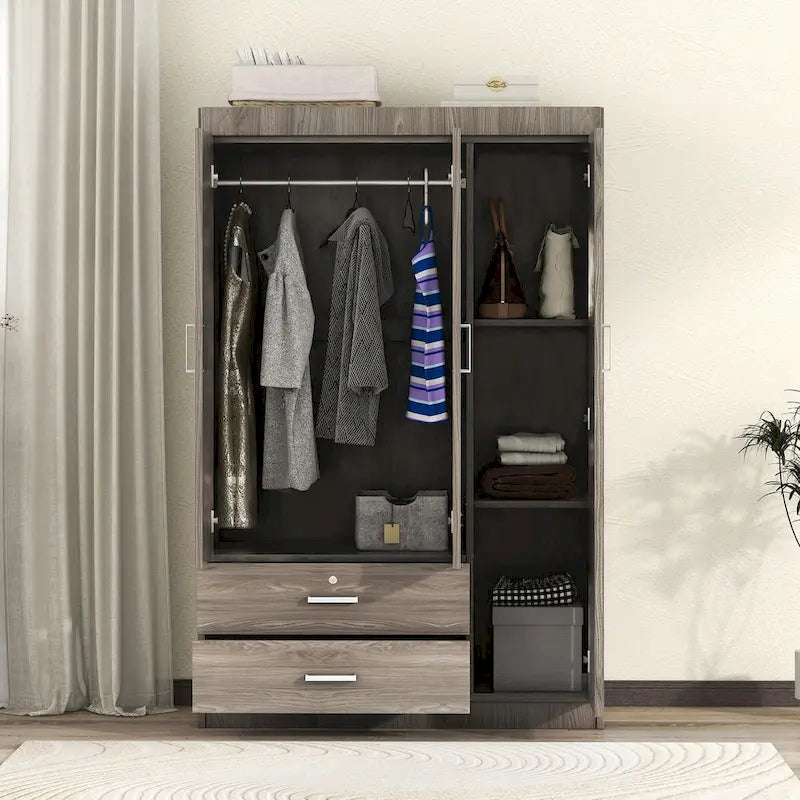 Armoire 3 portes en MDF avec tringle, deux tiroirs, étagères, poignées argent satiné