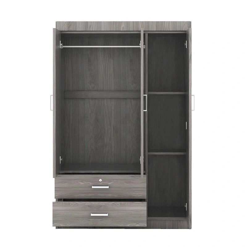 Armoire 3 portes en MDF avec tringle, deux tiroirs, étagères, poignées argent satiné