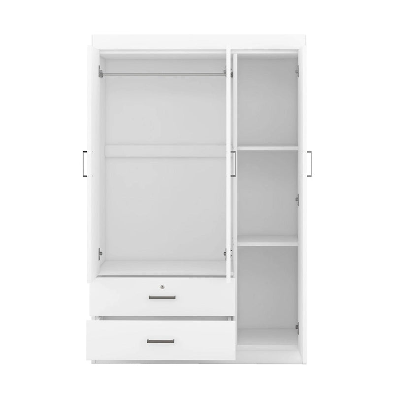Armoire 3 portes en MDF avec tringle, deux tiroirs, étagères, poignées argent satiné