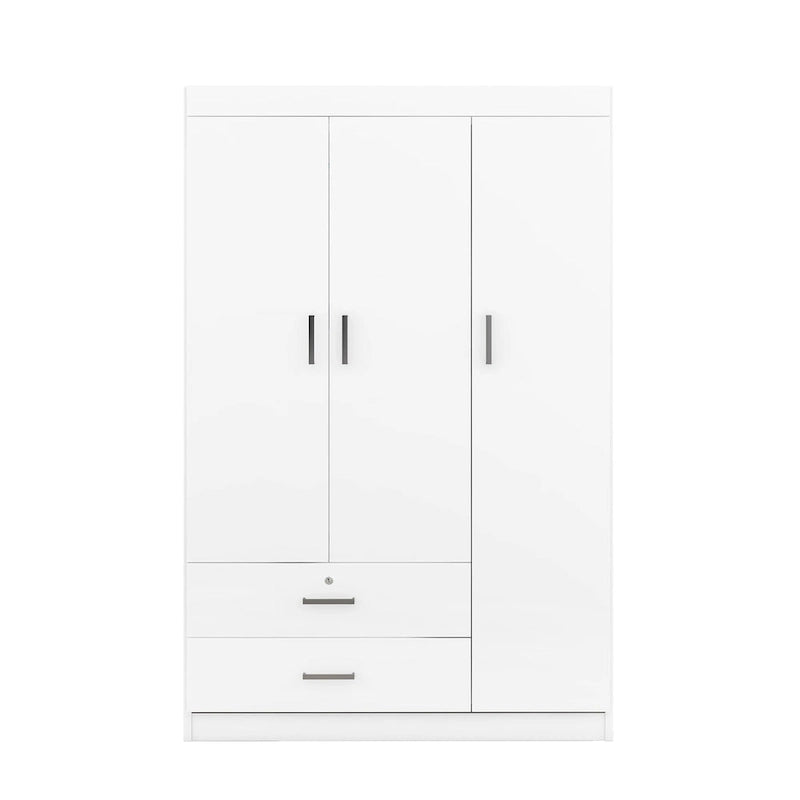 Armoire 3 portes en MDF avec tringle, deux tiroirs, étagères, poignées argent satiné