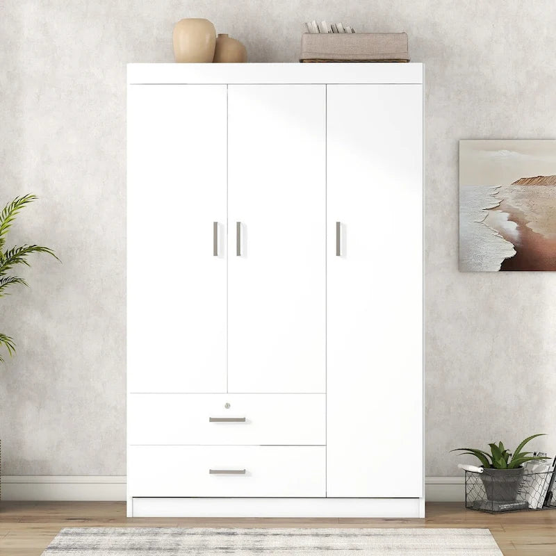 Armoire 3 portes en MDF avec tringle, deux tiroirs, étagères, poignées argent satiné
