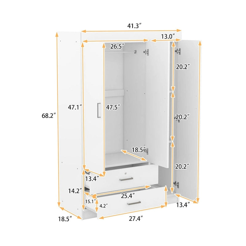 Armoire 3 portes en MDF avec tringle, deux tiroirs, étagères, poignées argent satiné