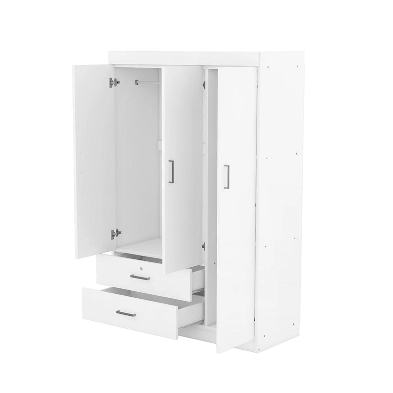Armoire 3 portes en MDF avec tringle, deux tiroirs, étagères, poignées argent satiné