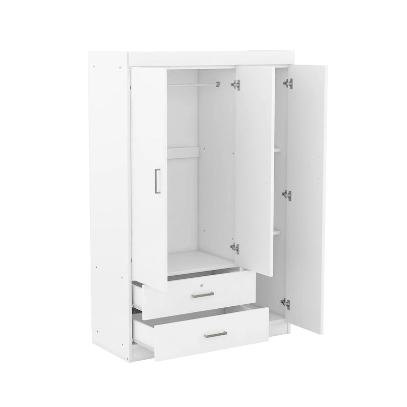 Armoire 3 portes en MDF avec tringle, deux tiroirs, étagères, poignées argent satiné