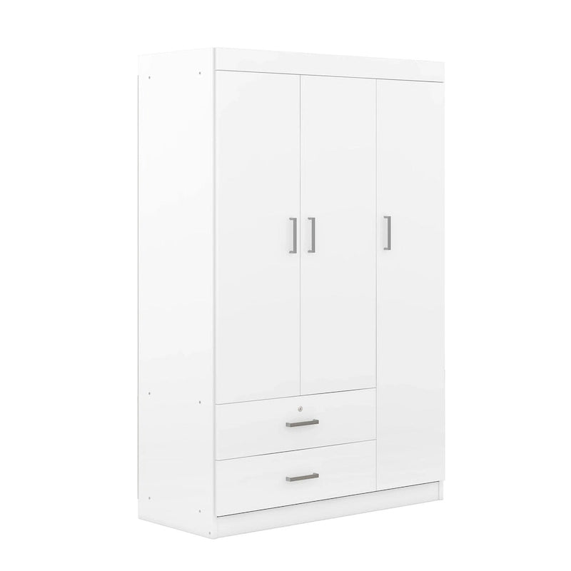 Armoire 3 portes en MDF avec tringle, deux tiroirs, étagères, poignées argent satiné