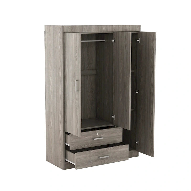 Armoire 3 portes en MDF avec tringle, deux tiroirs, étagères, poignées argent satiné