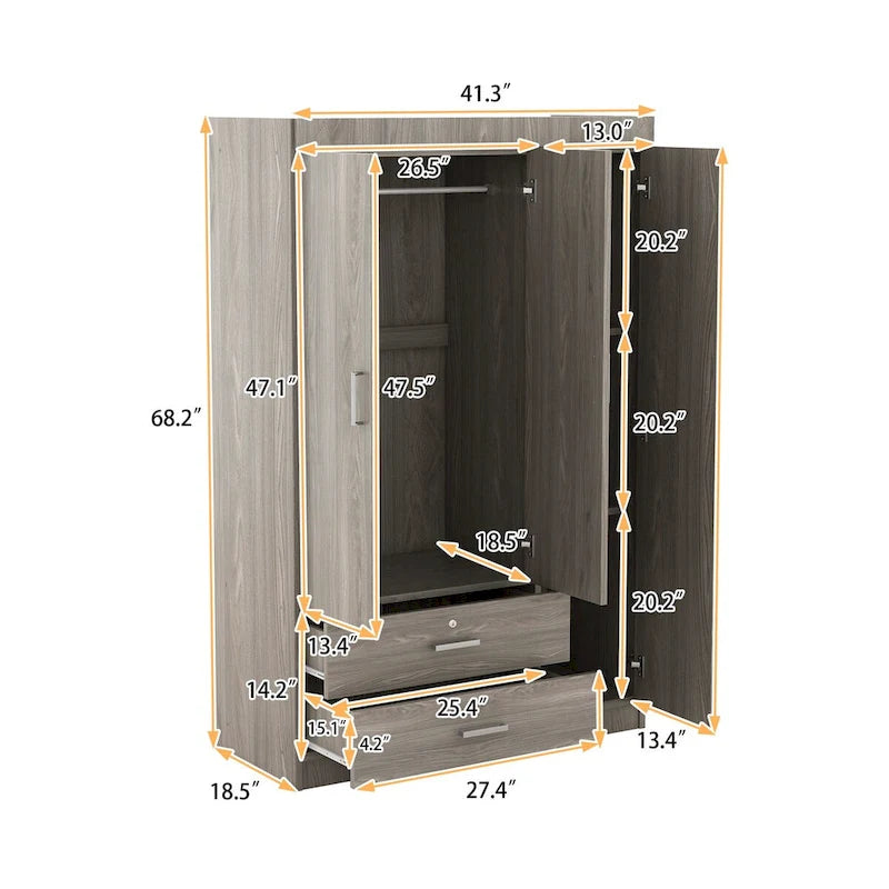 Armoire 3 portes en MDF avec tringle, deux tiroirs, étagères, poignées argent satiné