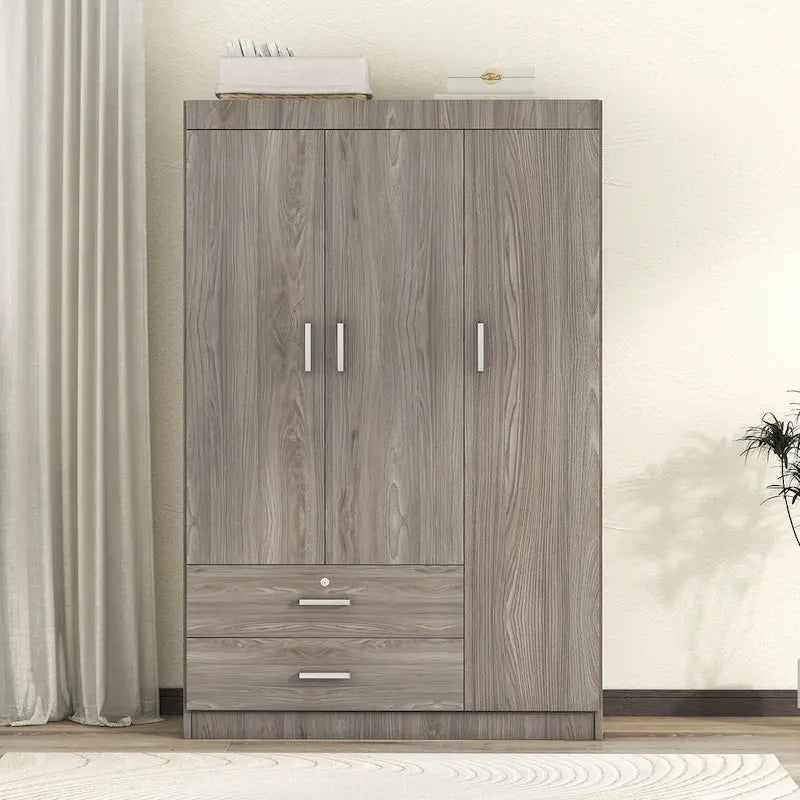 Armoire 3 portes en MDF avec tringle, deux tiroirs, étagères, poignées argent satiné