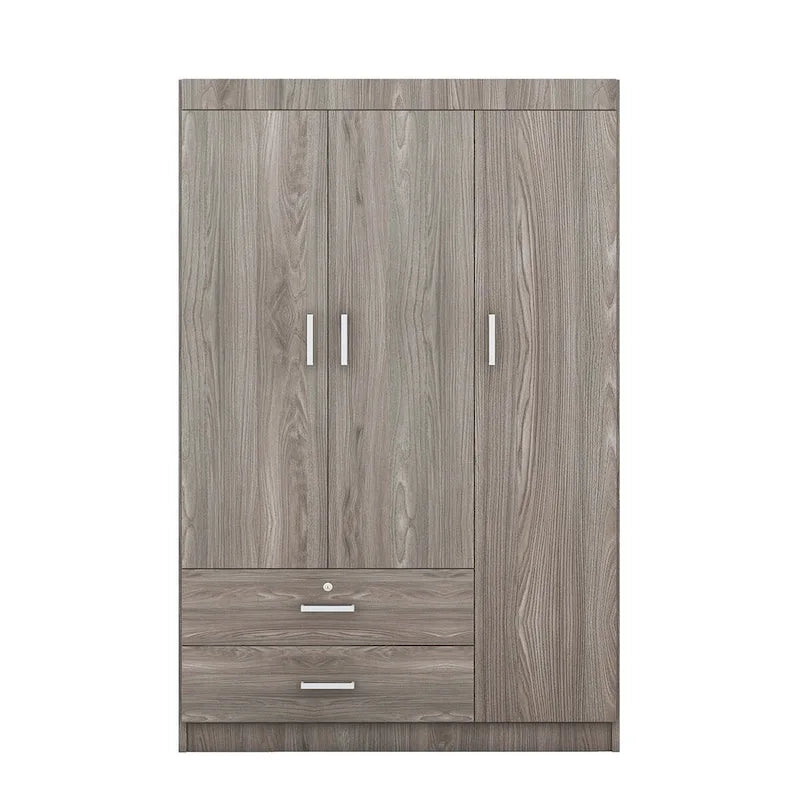 Armoire 3 portes en MDF avec tringle, deux tiroirs, étagères, poignées argent satiné