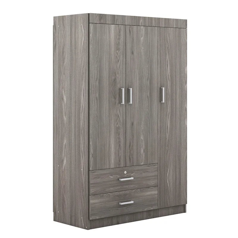 Armoire 3 portes en MDF avec tringle, deux tiroirs, étagères, poignées argent satiné