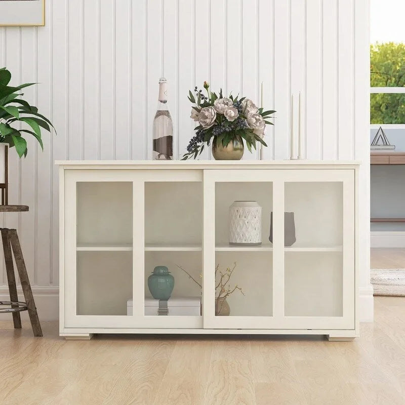 Buffet bahut blanc en MDF E1 avec portes coulissantes en verre, étagère intérieure réglable et pieds antidérapants