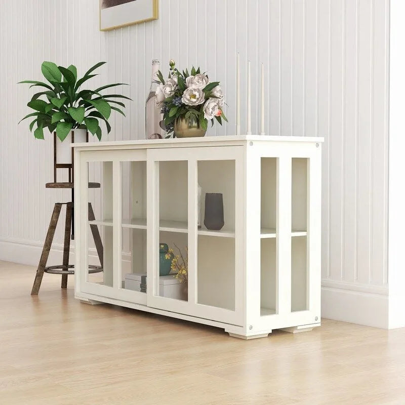 Buffet bahut blanc en MDF E1 avec portes coulissantes en verre, étagère intérieure réglable et pieds antidérapants