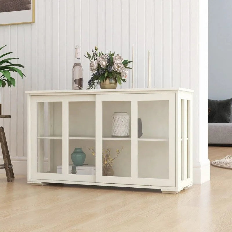 Buffet bahut blanc en MDF E1 avec portes coulissantes en verre, étagère intérieure réglable et pieds antidérapants