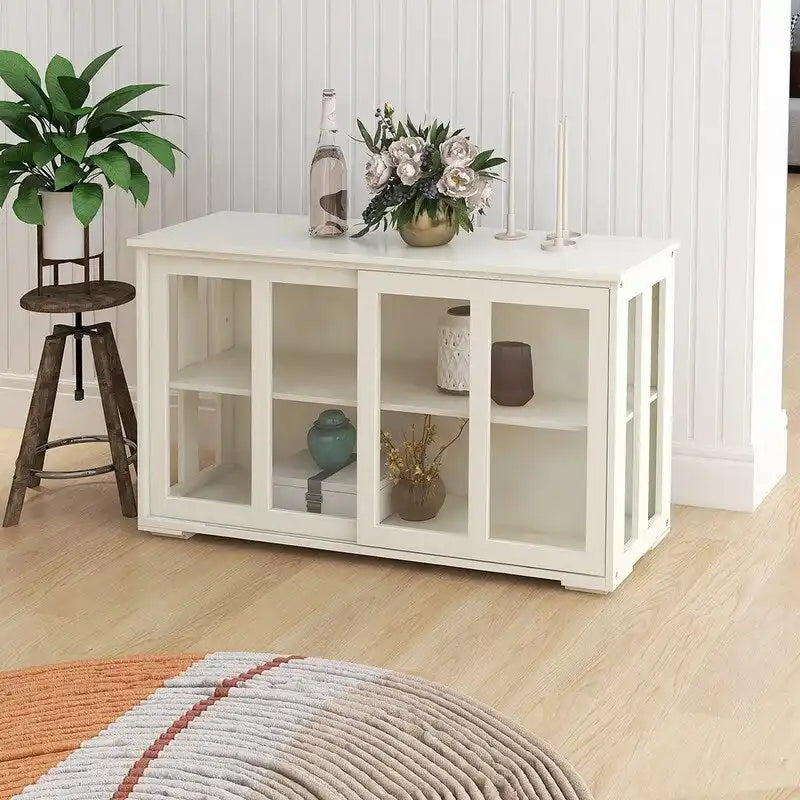 Buffet bahut blanc en MDF E1 avec portes coulissantes en verre, étagère intérieure réglable et pieds antidérapants