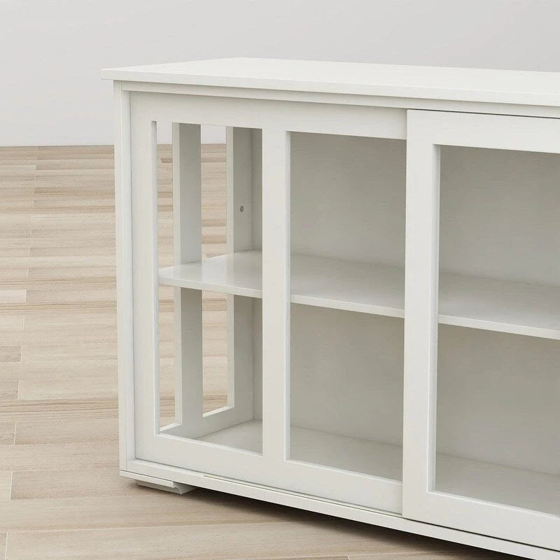 Buffet bahut blanc en MDF E1 avec portes coulissantes en verre, étagère intérieure réglable et pieds antidérapants
